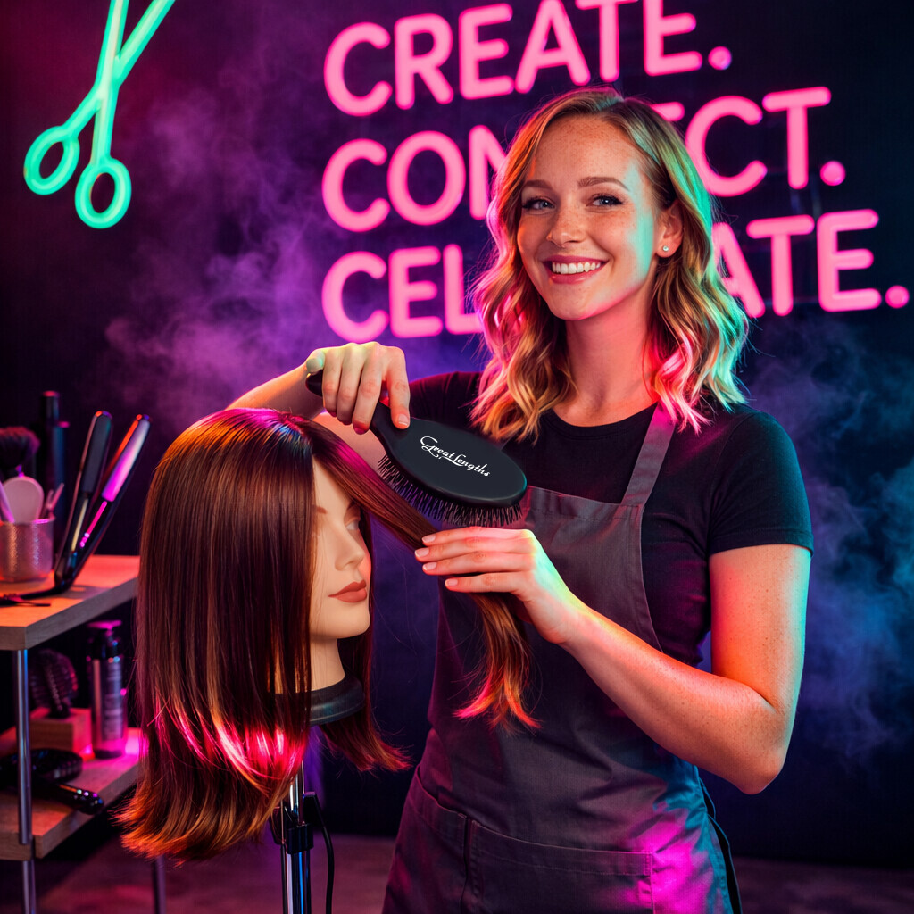 Eine Friseurin lächelt in einem neonbeleuchteten Salon und bürstet das lange Haar eines Übungskopfes; im Hintergrund leuchtet ein pinkes Schild.