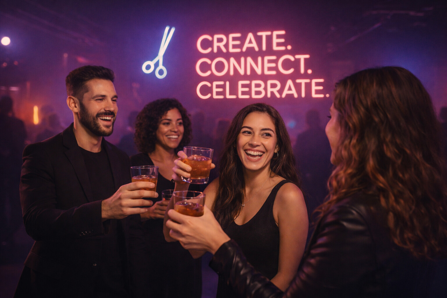 Vier stilvoll gekleidete Personen stoßen mit Drinks in einer Clubbing-Location an, im Hintergrund leuchtet ein Neon-Schild mit der Aufschrift „Create. Connect. Celebrate.“