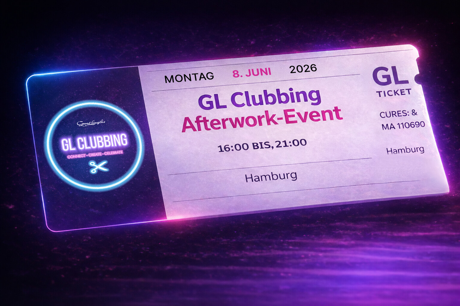Grafisch gestaltetes Ticket für „GL Clubbing Afterwork-Event“ am Montag, 8. Juni 2026, von 16:00 bis 21:00 Uhr in Hamburg, Preis 49,90 €, mit neonfarbenem GL-Logo und Clubbing-Design.