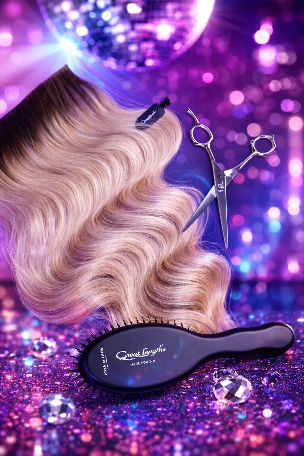 Blonde Great Lengths Haarverlängerung mit Friseurschere und Bürste im modernen Clubbing-Look mit pink-violetten Lichteffekten – professionelle Hair Extensions Styling Szene